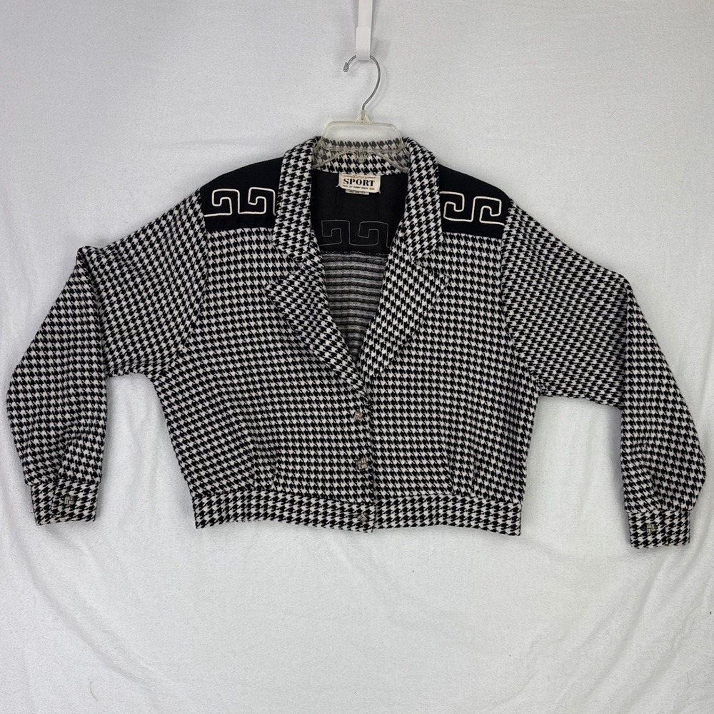 Vintage Sunny Sport Black White Houndstooth Jacket Greek Key Cropped‎ Blazer M